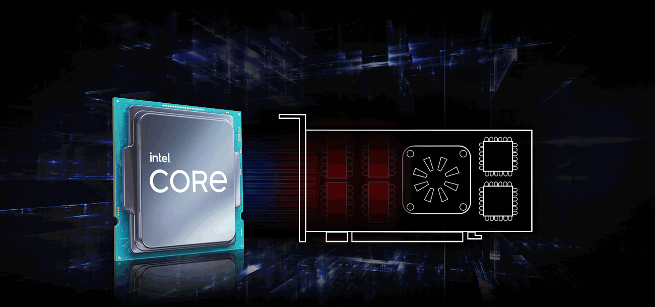 An intel Core CPU and a Graphics card are next to each other with GPU memory being used to the maximum.